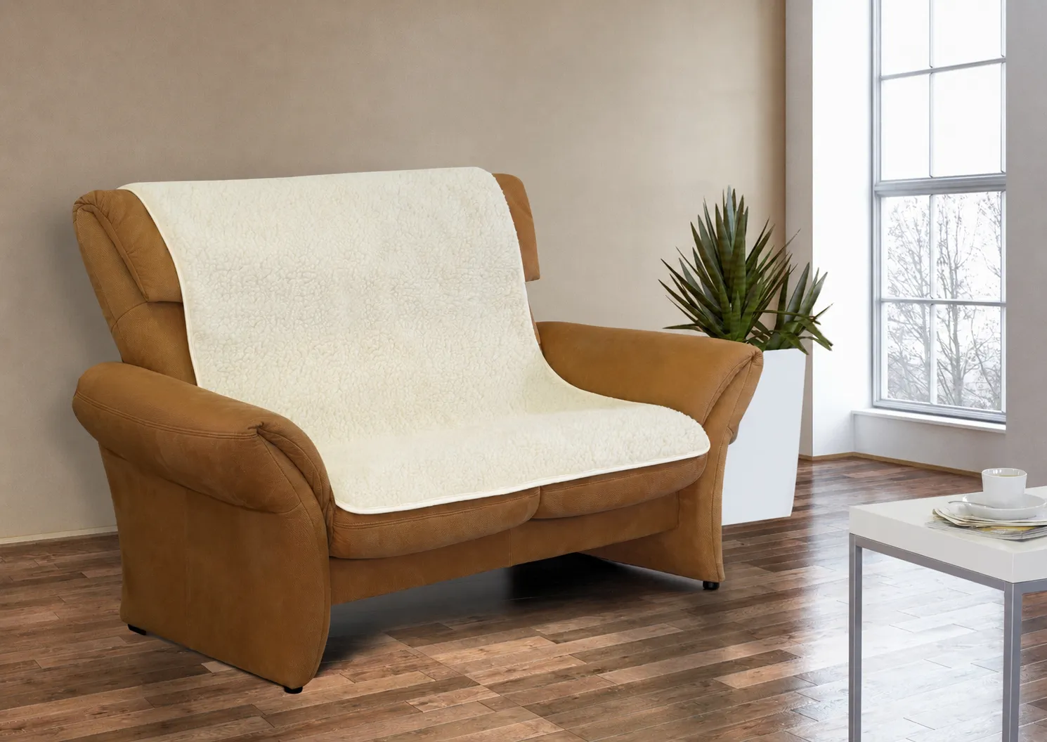 woolwhite one piece wool cover on brown 2 seat sofa 