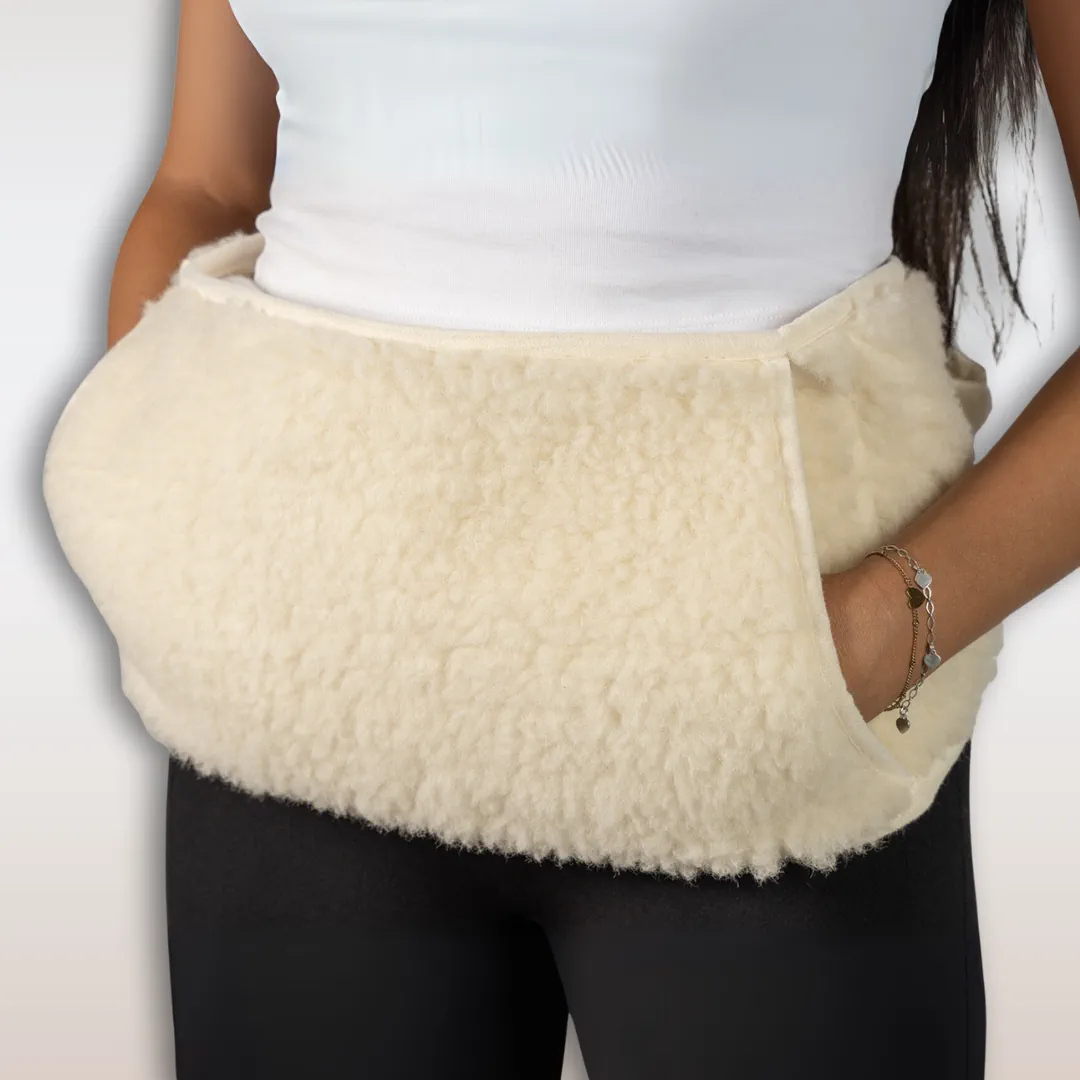 woolwhite hot water bottle belt worn by a person